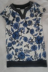 Susan Graver Dress French Terry Knit V-Neck Blue Floral Short Sleeve Medium
