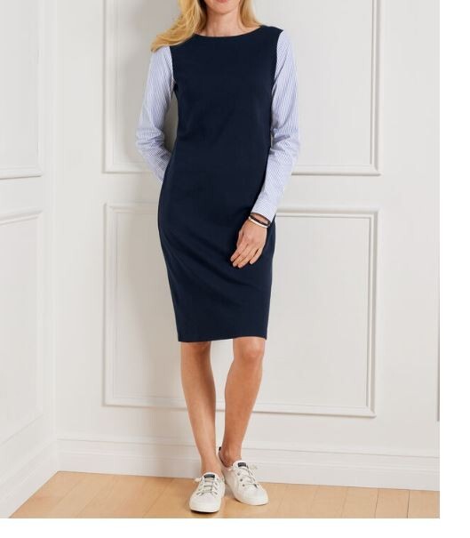 Talbots Plus INDIGO BLUE STRIPE INTERLOCK SHIFT MIDI DRESS 0X