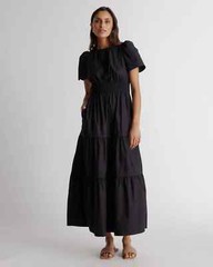 Quince Black Organic Cotton Tiered Maxi Dress sz XS Womens Pockets Poplin Fabric