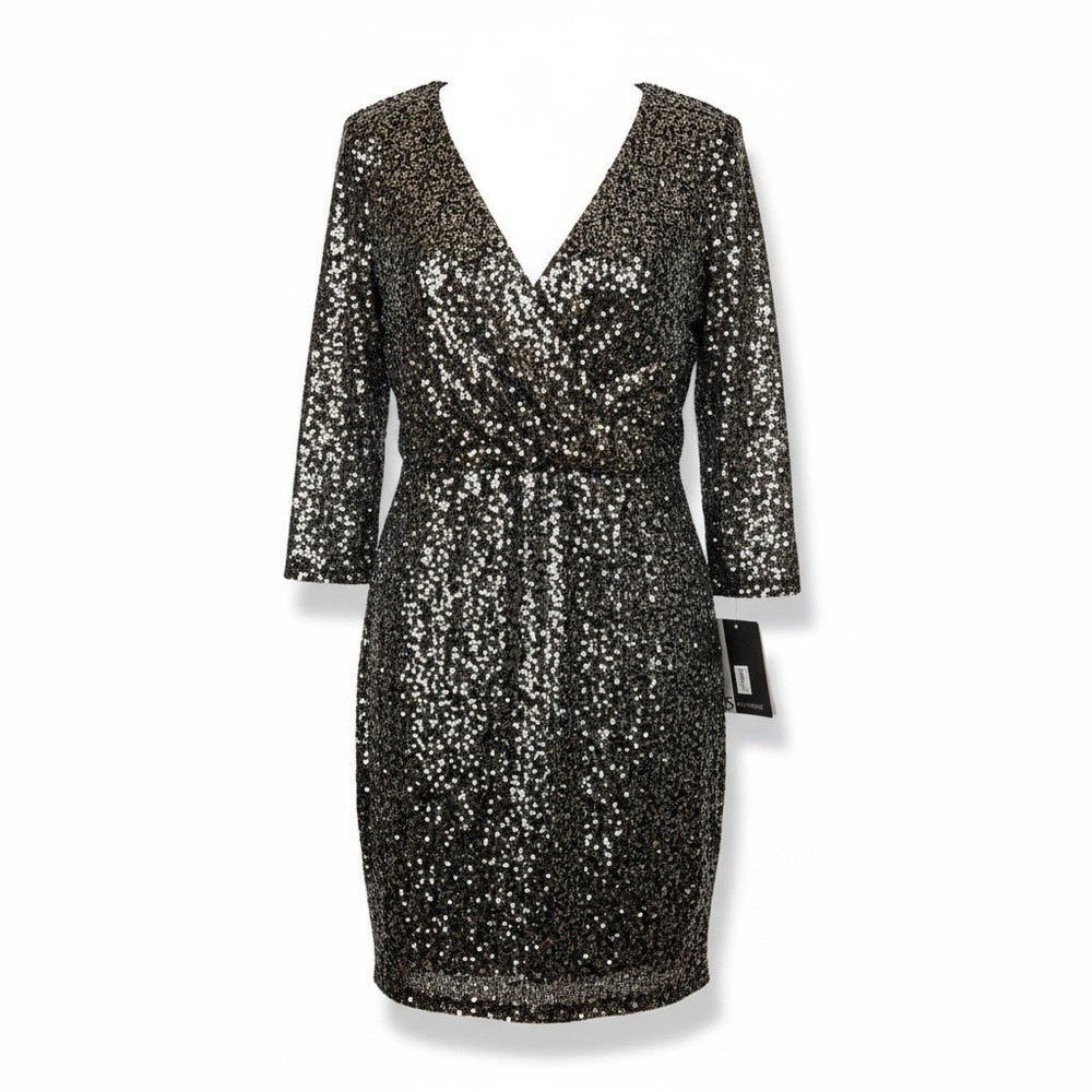 JS Boutique Black Silver Sequin Surplice Mini Cocktail Dress Women&rsquo;s 6 – NWT