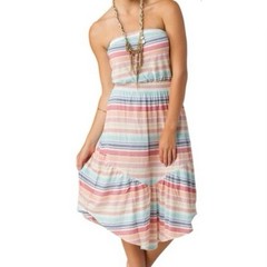 Women’s O’Neill Strapless Midi Dress Striped Pink & Blue Size Small Surf Wear