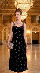 Y2K Another Thyme Vintage Black Velvet Silver Metallic Design Midi Dress Sz 14