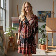 Cristinalove Paisley V-Neck Sheath Dress Black Burgundy Orange 3/4 Sleeve Boho L