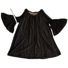 INA Cold Shoulder Bell Sleeve Crochet Mini Shift Dress Black S