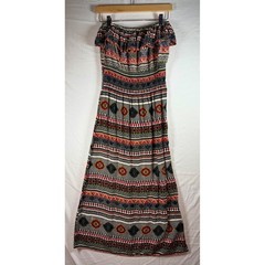 Boho Strapless Smocked Maxi Dress Multi-Color Tribal Geometric Print Rayon sz M