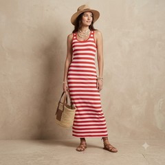 Active Basic Maxi Dress Womens Large Red White Striped Racerback Sleeveless