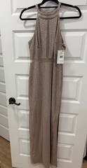 Aidan Mattox Women&rsquo;s Beige Mesh Beaded Halter Lined Long Gown Side Slit 4