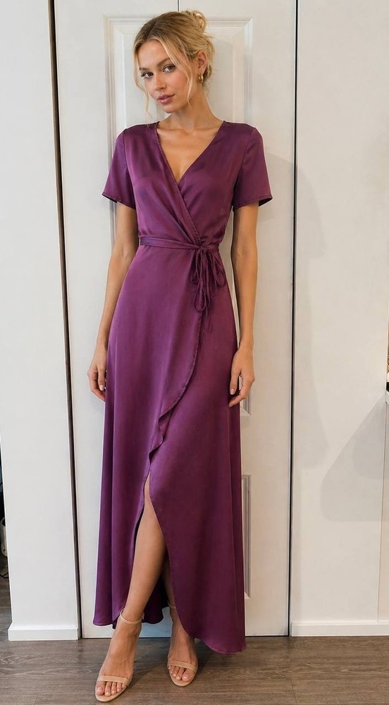 Mango Wrap Dress Burgundy Midi Dress, Asymmetrical Hem Dress, Soft Minimalist Dr