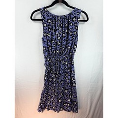Purple Floral Sleeveless Elastic Waist Jersey Dress with Tie Belt
