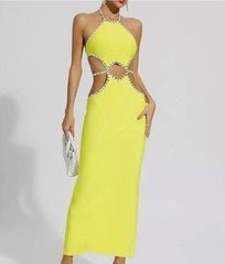 (b21/15)Elegant Yellow Cut Out Bodycon Dress Bella Barnett rhinestones Size M
