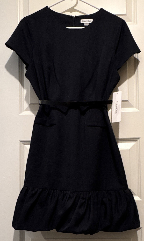 Calvin Klein Black Fit & Flare Belted Knee Dress Short Sleeve Round Neck 12P NWT