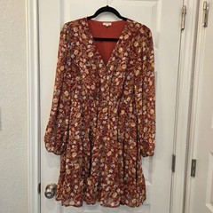 ​JODIFL Floral Tiered Mini Dress Medium M Rust Boho Faux Wrap Long Sleeve Lined