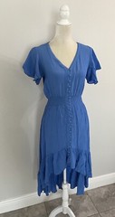 Walker Wade Smocked Short Flutter Sleeve Hi Low Midi Dress Resort Blue New S