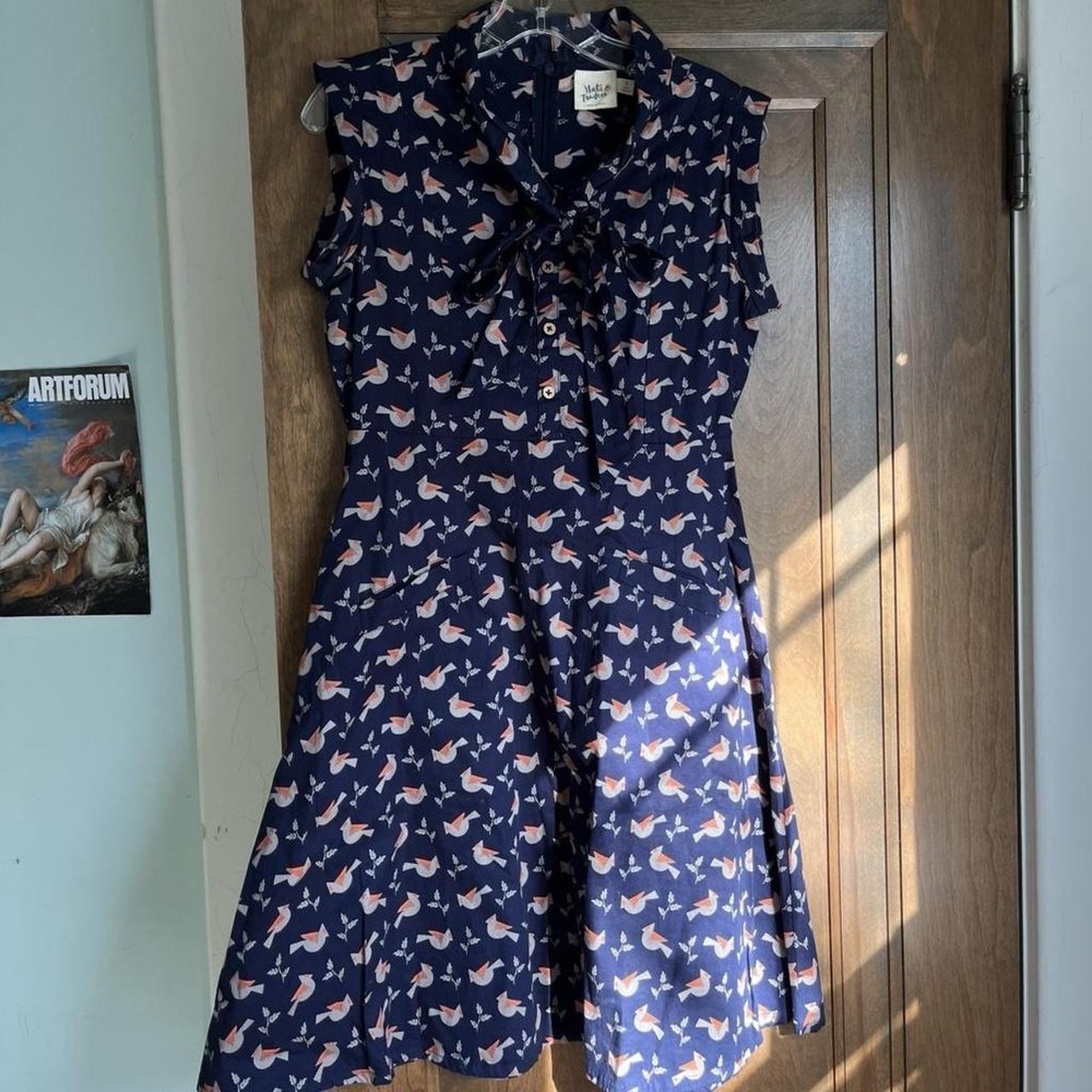 Matta Traders S Navy Bird Print Cotton Fit & Flare Shirt Dress Bow Pockets