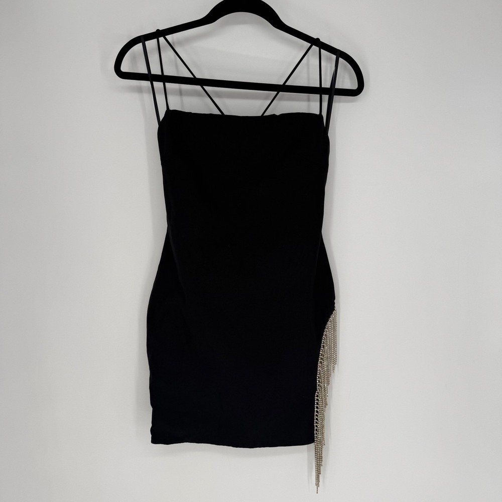 WHITE FOX COME BACK MINI DRESS MEDIUM NWT RHINESTONE FRINGE SIDE SLIT FLIRTY