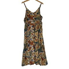 Natural Reflections Tropical Leaf Button Front Midi Dress XL Smocked Boho