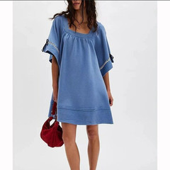 Free People Astoria Sweatshirt Tunic Dress Ribbon Lace Wide Short Sleeve Blue M