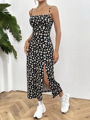 Black Knit Floral Midi Sundress with Strappy Sleeveless Design and Slit