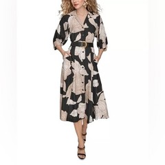 Donna Karan WM Poly Dress Floral Button-Front Midi with Belt Size 6 NWI