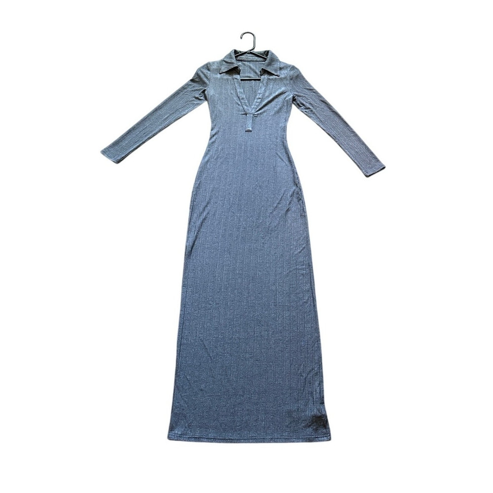 Micas Women&rsquo;s Small Gray V-Neck Long Sleeve Collared Bodycon Long Dress
