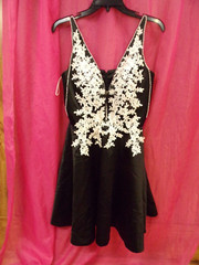 Black Dress Spaghetti Strap White Lace Beads V Neck size XS S