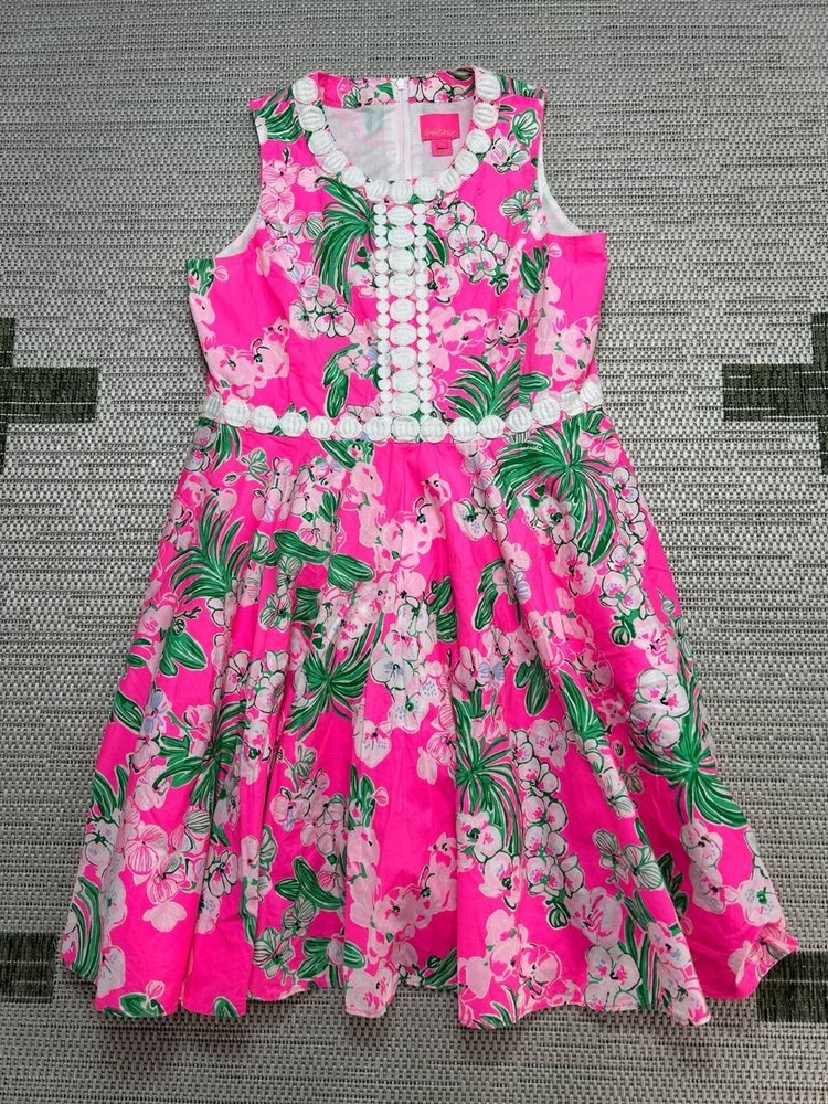 Lilly Pulitzer Dress Womens 14 Pink Green Floral Cotton Blouson