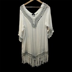 South Beach Size Medium Ibiza WHITE Silver Fringed Boho 3/4 Sleeve CoverUp Dress