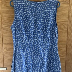 Per Una Dress UK 8 Blue White Floral Beaded Linen Cotton Blend Pockets Summer