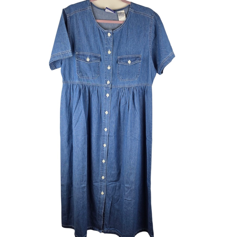 Erika & Co PL Denim Midi Dress Button Front Chest Pockets Tie Back 90s Momcore