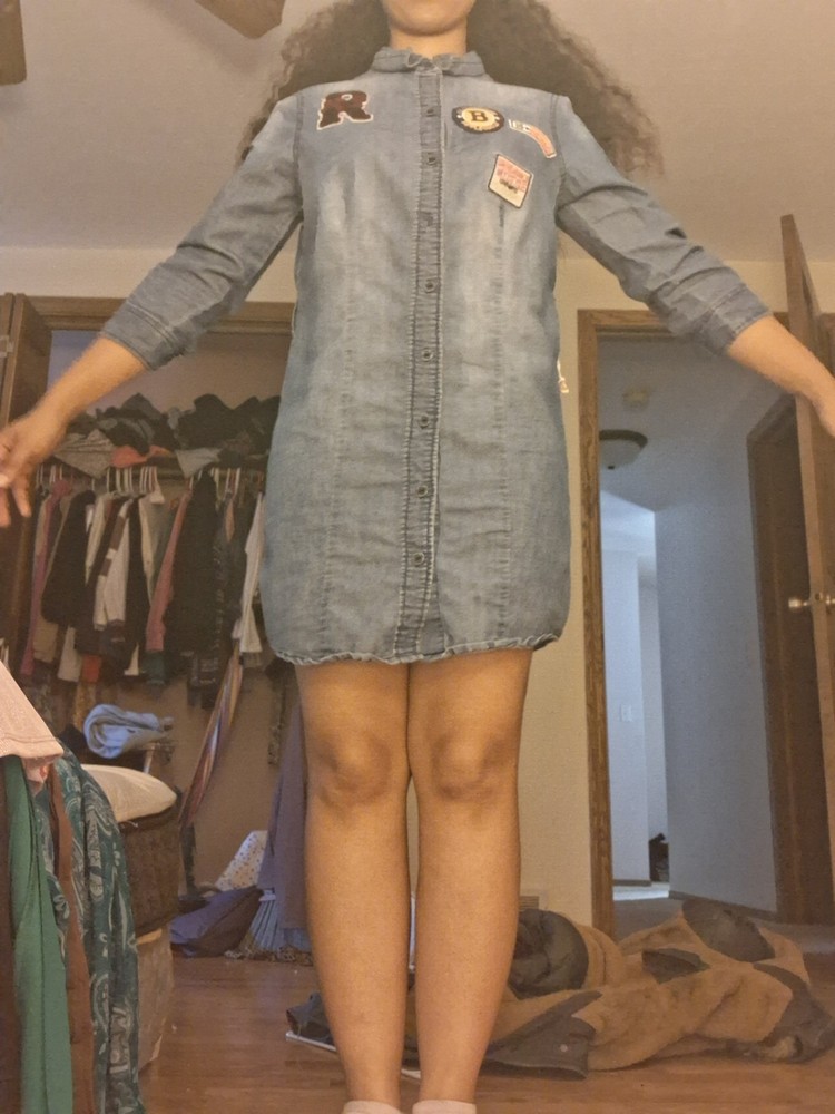 Women&rsquo;s Blue Denim Shirt Dress Button Front Band Collar 3/4 Sleeve Short M