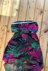 Strapless Tropical Print Dress High Low Vibrant Fuscia Pink & Green Palm Print