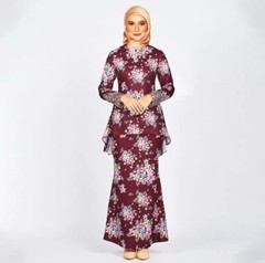 Baju Kurung Batik ‘Kebarung Style’ Modern L Size Dark Red Burgundy Embroidered
