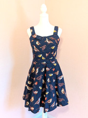 Bird Print Fit & Flare Sundress Navy Retro Pinup Style Womens L