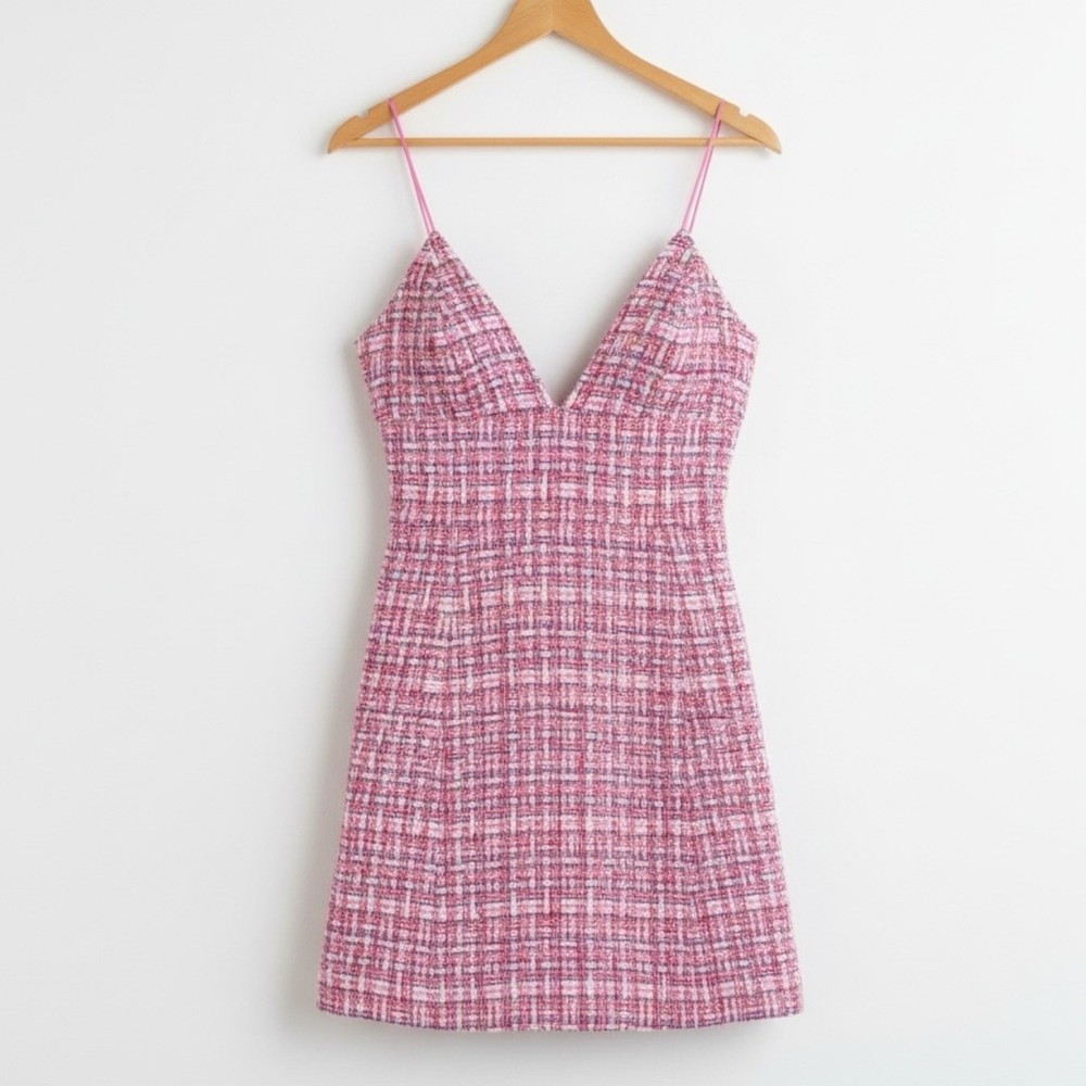 New Alice + Olivia Pink Tweed Mini Dress Spaghetti Strap Deep V-Neck Size 14