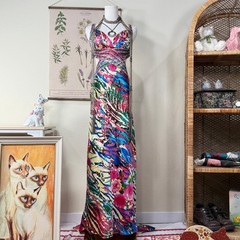 Y2k Cache Satin Beaded Sequin Open Back Formal Train Dress Fairy McBling Sexy 2