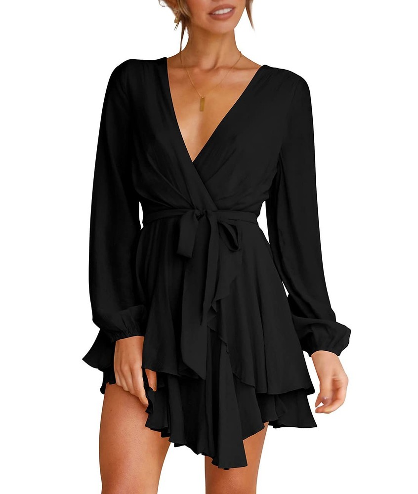 Cosonsen Skater Dress V-Neck Lantern Sleeve Tie Waist Ruffle Mini Dress Black L