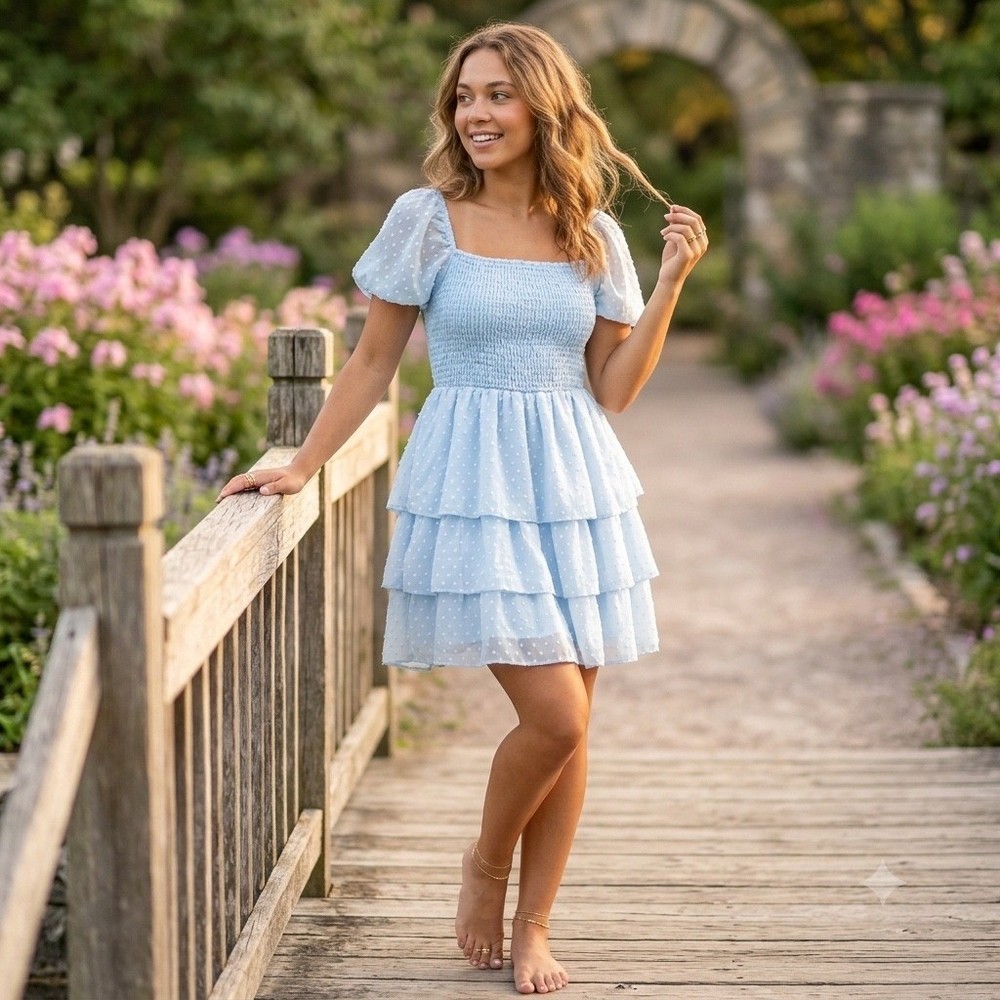 Altar&rsquo;d State Swiss Dot Tiered Mini Dress Smocked Puff Sleeve Light Blue Boho XS