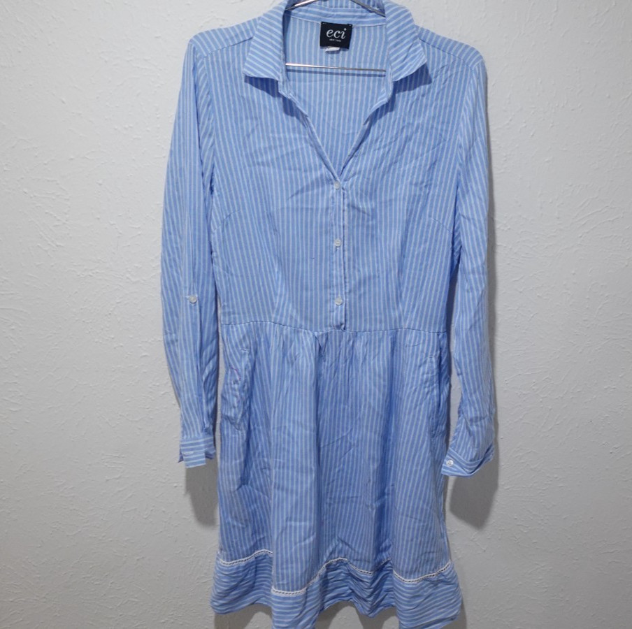 ECI Bow Cuff Railroad Stripe Cotton Shirt Dress Button Front Long Sleeves Sz 12