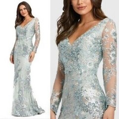 Mac Duggal Sea Mist Green Embellished Illusion Long Sleeve Gown Size 20 $698
