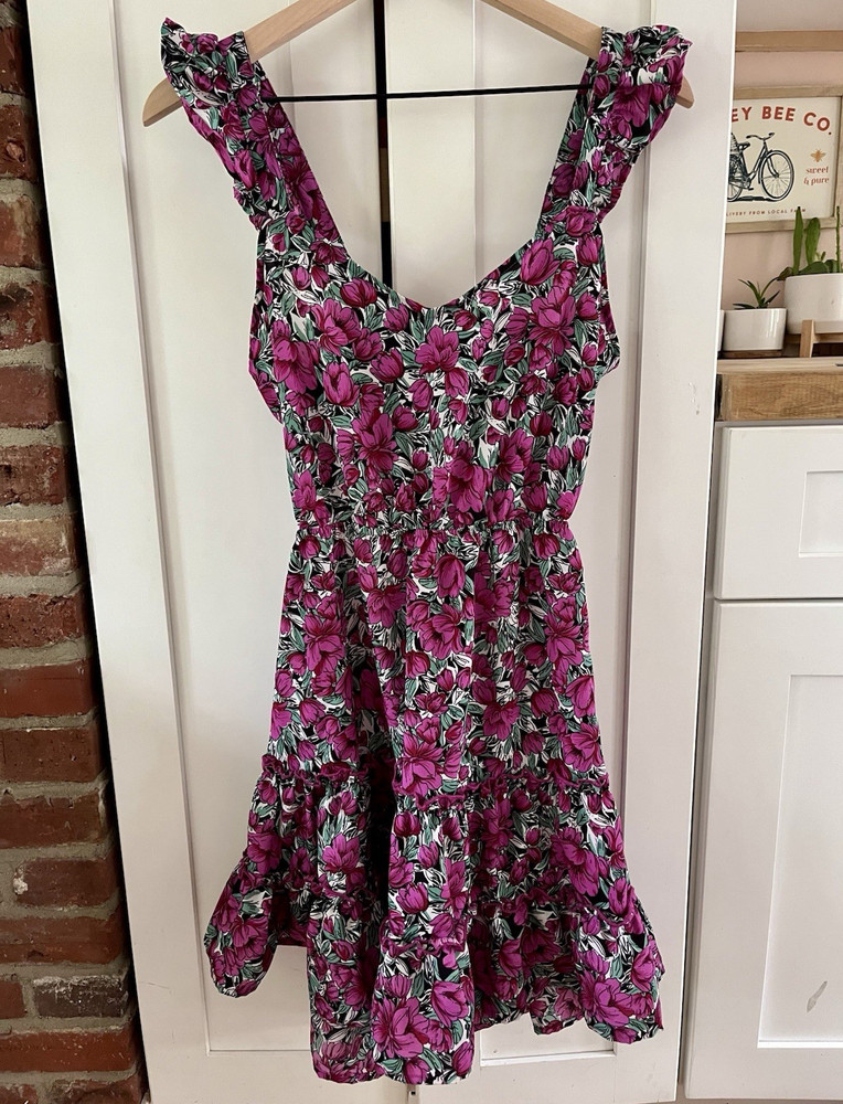 SHEIN M Pink Floral Sleeveless Smocked Tie Back Fit & Flare Open Back Dress