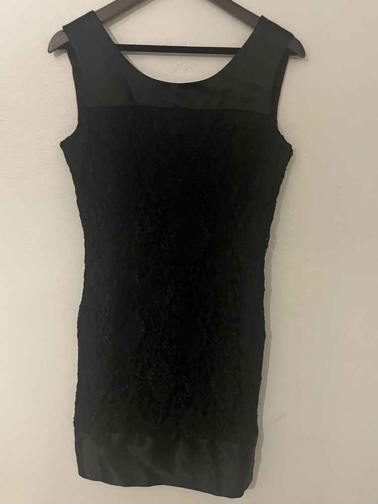 Vintage Datiani Black Lace Dress Women 8 Satin Trim Sleeveless Bodycon Mini USA