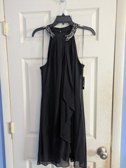 SLNY Sleeveless halter top A-line/shift short dress Sz 6 black w/beaded collar