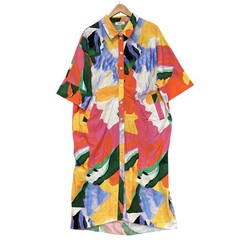 BIZE Dress Womens 2 Multicolour Cotton Shirt Midi Pockets Colourblock Summer