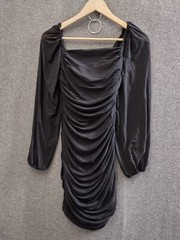 Women&rsquo;s Long Puff Sleeve Ruched Bodycon Midi Dress Square Neck Black Size S