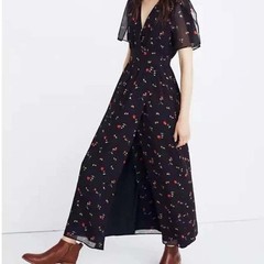 Madewell Navy Blue Floral V-Neck Maxi Dress Short Flutter Sleeve Size 00