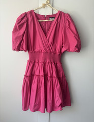 Karl Lagerfeld Paris Pink Smocked V-Neck Puff Sleeve Mini Dress Ruffle 6