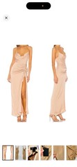 NBD beige solid ruched V-neck spaghetti strap maxi dress adjustable zip XS NWT