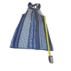 Attard State Blue White Boho Patchwork Halter Dress Pom Pom Trim Size M