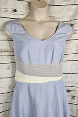 J Peterman Blue Fit & Flare Midi Dress 16 Silk Linen Cap Sleeve Pleated Waist