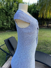 ST JOHN WHITE BLACK GRAY SEQUIN KNIT TWIST KNOT CAP SLEEVE DRESS Sz 6 RT 22&prime;